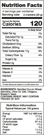 Parchment Crackers with Olive Oil & Oregano Nutrition Facts