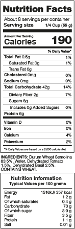 Fusilli Tricolor Pasta Nutrition Facts